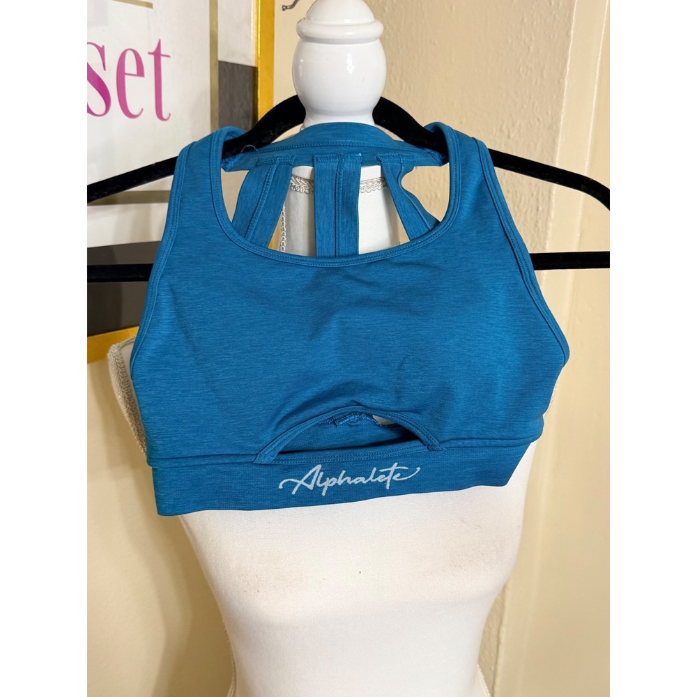 Alphalete Womens Teal Blue Space Dye Cage Back Cutout Sports Bra XS